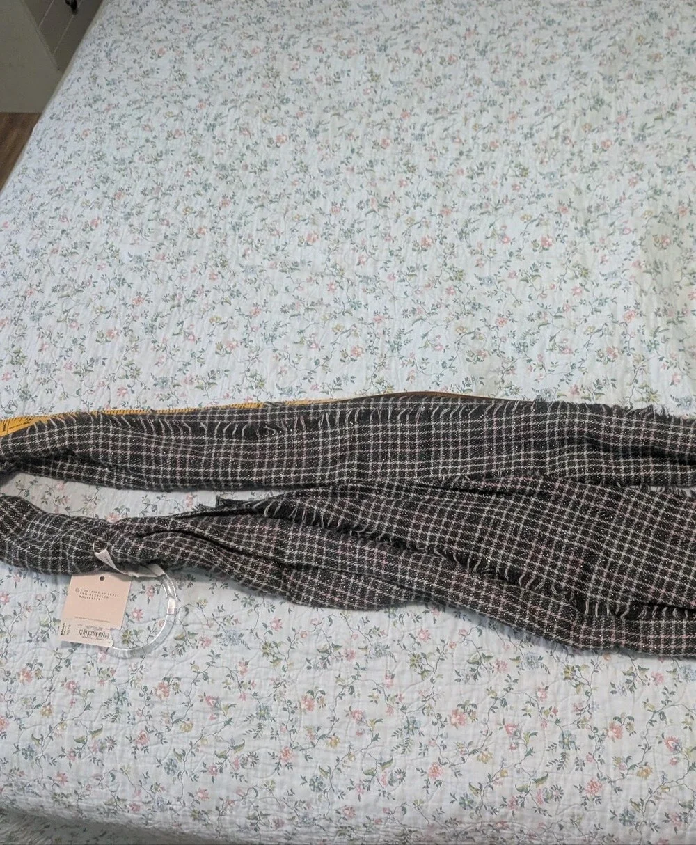 LC Lauren Conrad Black, Pink & Cream Plaid Knit Scarf with Metallic Thread